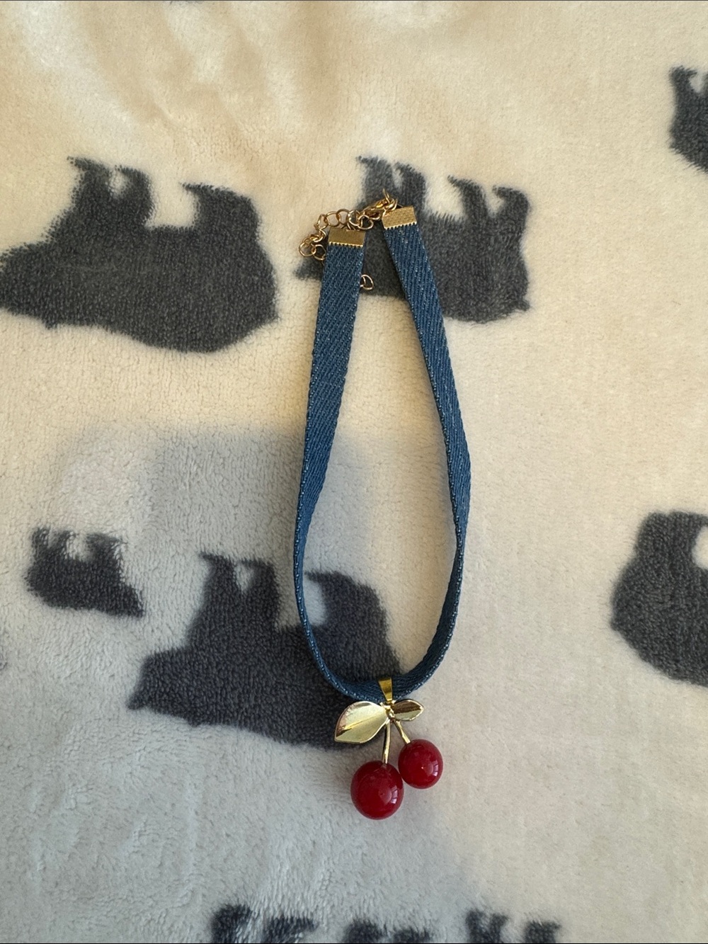Gold Cherry Pendant Denim Choker Necklace - Blue